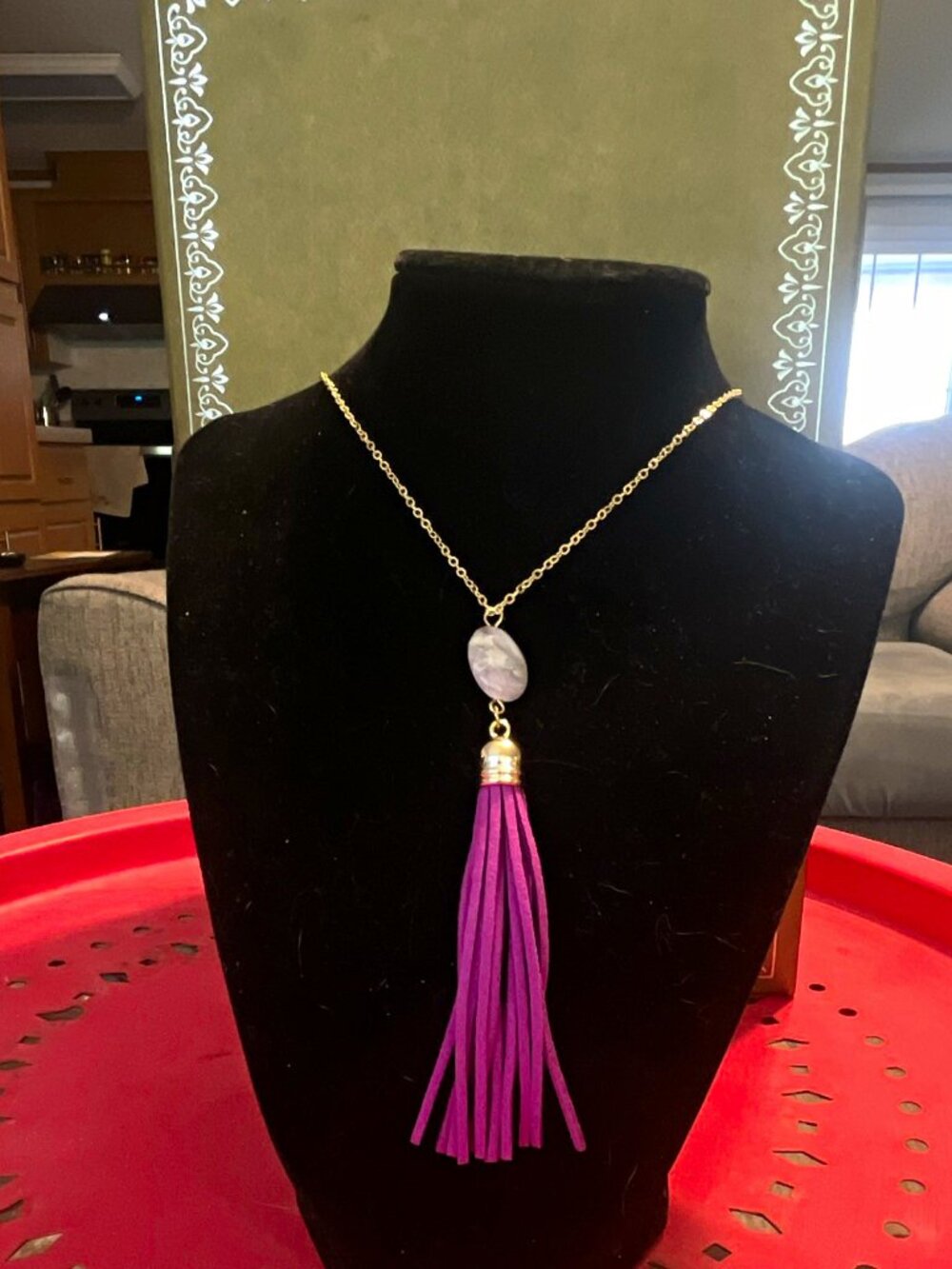 Gold Tone Adjustable Cable Chain Necklace w/ Purple Tassel Pendant Lobster Clasp